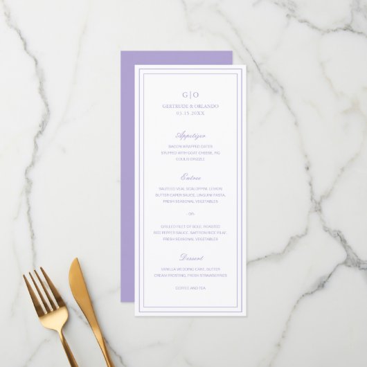 Menu Mariage Élégant Lilas Classique (Devant/Arrière en situation)