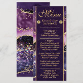 Menu Mariage Élégant Marbre Agate Violet Pailleté Or (Devant / Derrière)