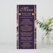 Menu Mariage Élégant Marbre Agate Violet Pailleté Or (Debout devant)