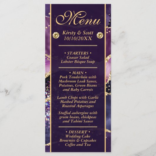 Menu Mariage Élégant Marbre Agate Violet Pailleté Or (Devant)