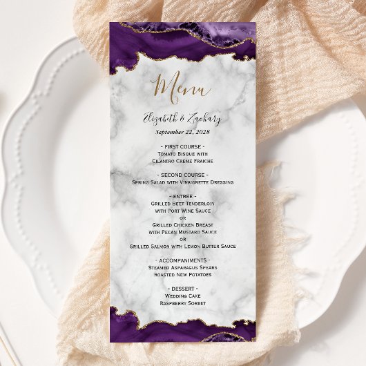 Menu Mariage Élégant Marbre Violet Or Agate