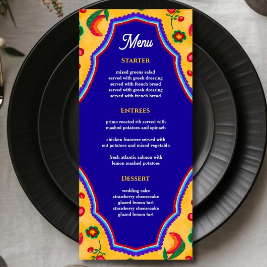 Menu Mariage élégant mexicain vibrant jaune bleu