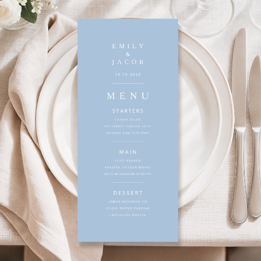 Menu Mariage Élégant Minimal Bleu