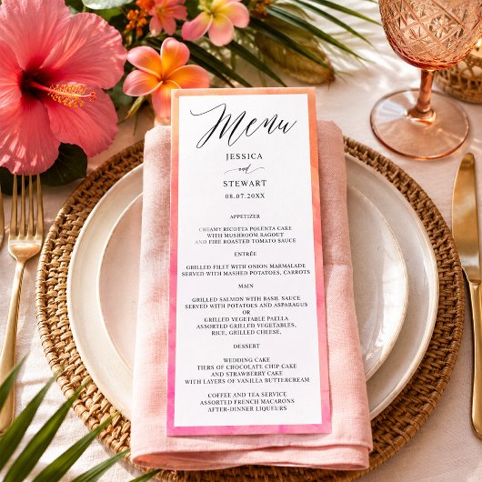 Menu Mariage Élégant Moderne Aquarelle Rose Orange