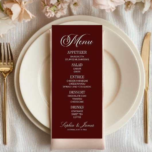 Menu Mariage Élégant Moderne Burgundy Foncé