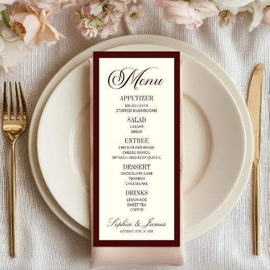 Menu Mariage Élégant Moderne Burgundy Foncé