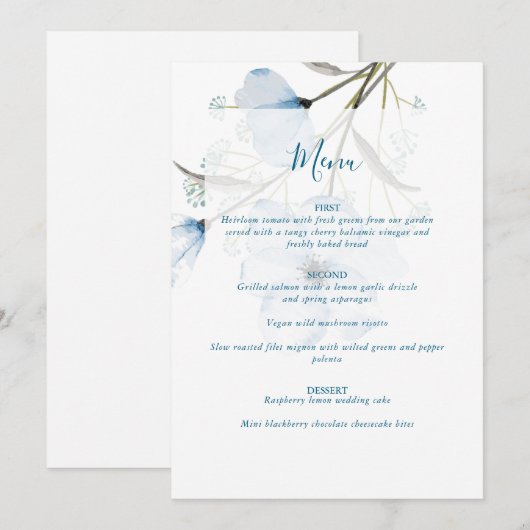 Menu Mariage Élégant Moderne Chic Bleu Poussiéreux (Devant / Derrière)