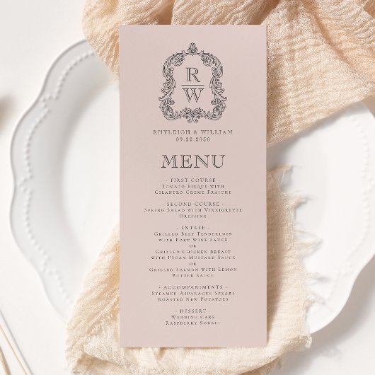Menu Mariage Élégant Monogramme Blush Rose