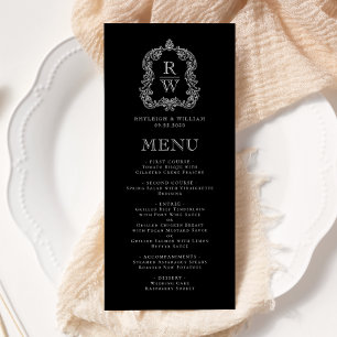Menu Mariage élégant monogramme crête noir et blanc