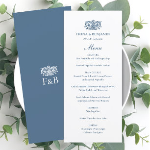 Menu Mariage Élégant Monogramme Floral Vintage Bleu