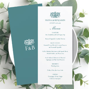 Menu Mariage Élégant Monogramme Floral Vintage Sarcelle