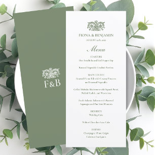 Menu Mariage Élégant Monogramme Floral Vintage Vert