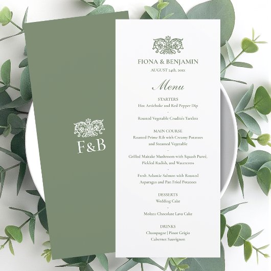 Menu Mariage Élégant Monogramme Floral Vintage Vert