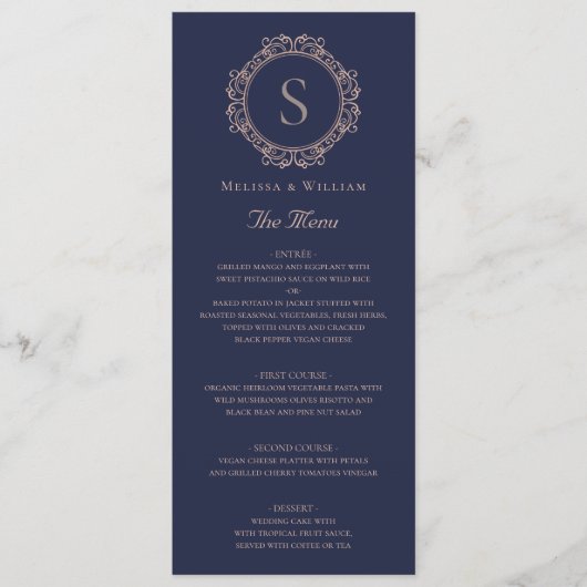 Menu Mariage Élégant Monogramme Navy (Devant)