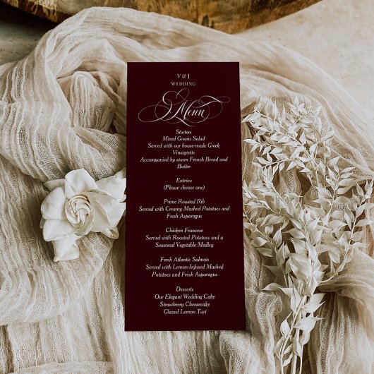 Menu Mariage élégant monogramme rouge Bourgogne