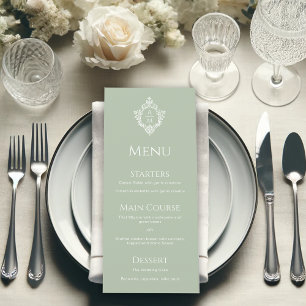 Menu Mariage Élégant Monogramme Vintage Vert Sauge Cres