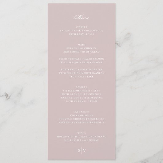 Menu Mariage Élégant Musc Rose Blanc Monogramme (Devant)