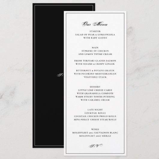 Menu Mariage Élégant Noir Blanc (Devant / Derrière)