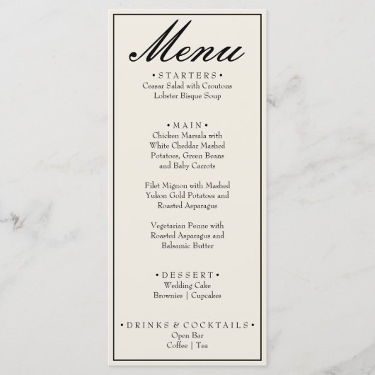 Menu Mariage élégant noir blanc à l'ancienne (Devant)