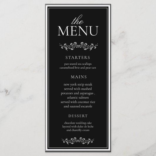 Menu Mariage Élégant Noir & Blanc Classique (Devant)