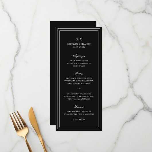 Menu Mariage Élégant Noir Classique (Devant/Arrière en situation)