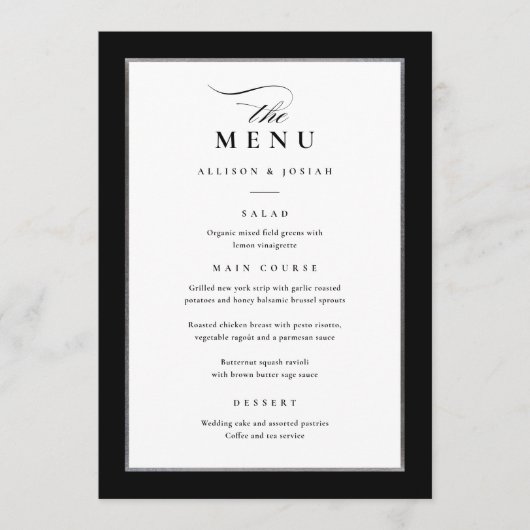 Menu Mariage Élégant Noir et Argent (Devant)