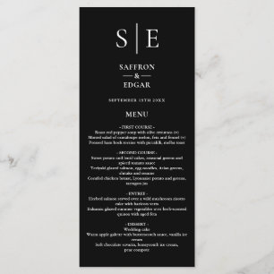 Menu Mariage élégant noir et blanc Monogramme Dîner