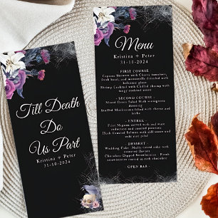Menu Mariage élégant noir violet gothique floral crâne