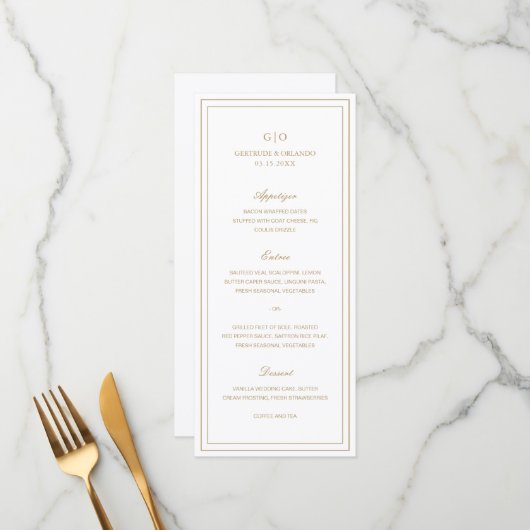 Menu Mariage Élégant Or Classique (Devant/Arrière en situation)