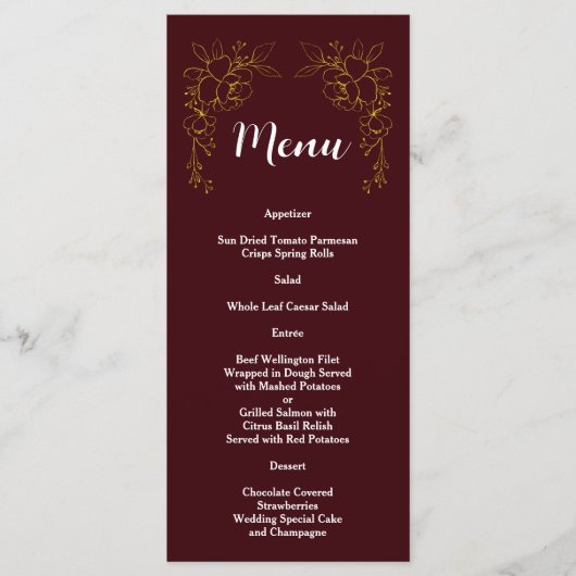 Menu Mariage élégant or floral bordeaux profond (Devant)