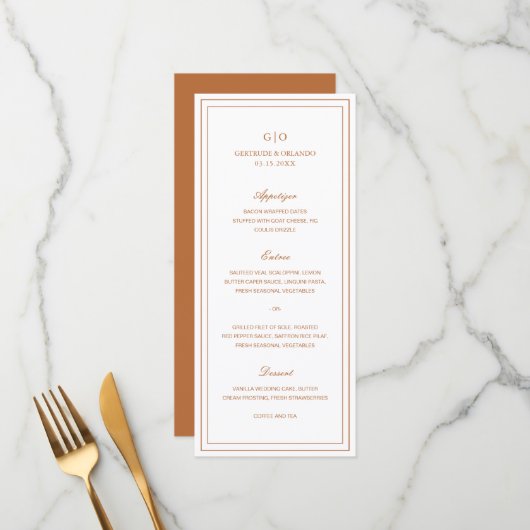 Menu Mariage Élégant Orange Citrouille Classique (Devant/Arrière en situation)