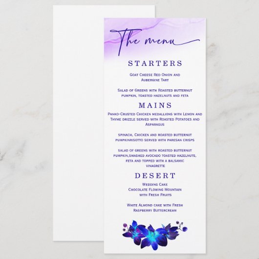 Menu Mariage élégant Orchidée violette et bleue de mari (Devant / Derrière)