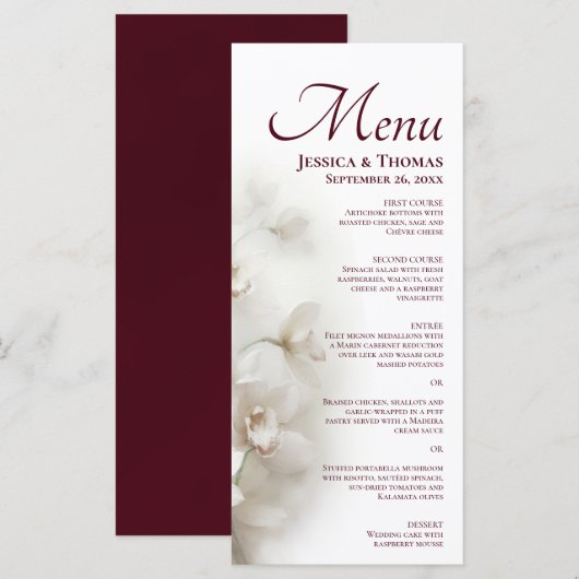 Menu Mariage Élégant Orchidées Blanches et Bourgogne de (Devant / Derrière)