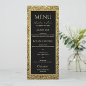 Menu Mariage Élégant Paillettes Noir et Or (Debout devant)