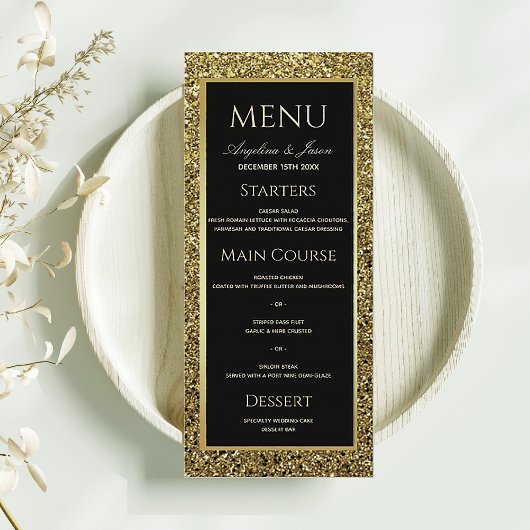 Menu Mariage Élégant Paillettes Noir et Or
