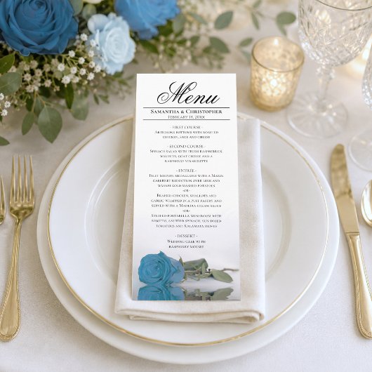 Menu Mariage Élégant Reflets de Rose Bleu Turquoise