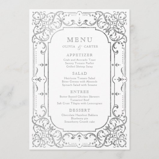 Menu Mariage élégant romantique orné d'argent (Devant)