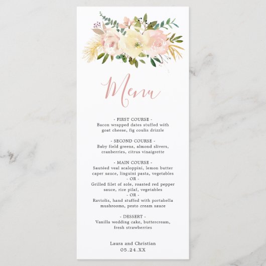 Menu Mariage Élégant Rose Pâle Floral (Devant)