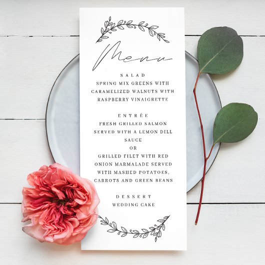Menu Mariage élégant simple avec écriture botanique flo