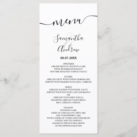Menu Mariage élégant simple écriture noir et blanc (Devant)