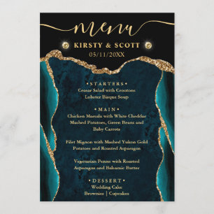 Menu Mariage Élégant Teal et Or Fausse Agate Brillante