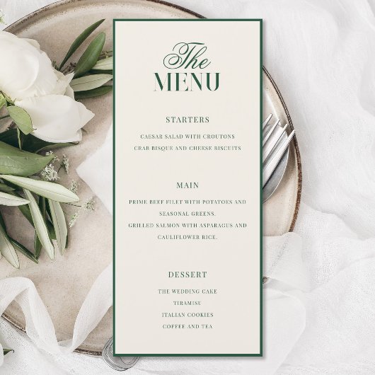 Menu Mariage Élégant Vert Ancienne Fortune