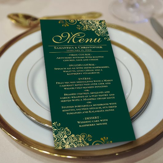 Menu Mariage élégant vert émeraude et or