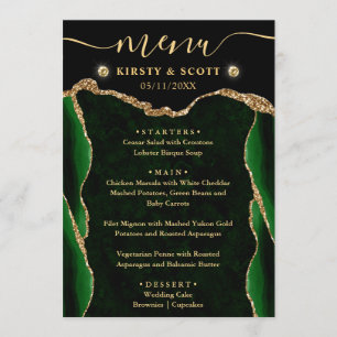 Menu Mariage élégant vert et or faux paillettes d'agate