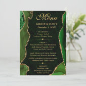 Menu Mariage élégant vert et or faux paillettes d'agate (Debout devant)