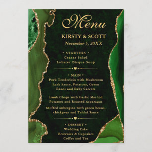 Menu Mariage élégant vert et or faux paillettes d'agate