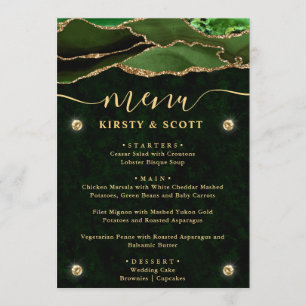 Menu Mariage élégant vert et or faux paillettes d'agate