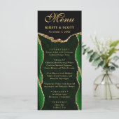 Menu Mariage élégant vert et or faux paillettes d'agate (Debout devant)