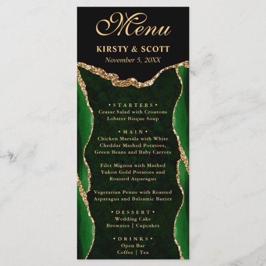 Menu Mariage élégant vert et or faux paillettes d'agate (Devant)