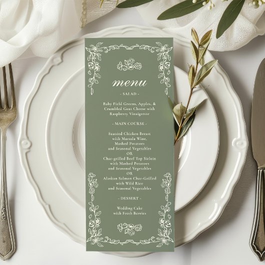 Menu Mariage élégant victorien vert sauge